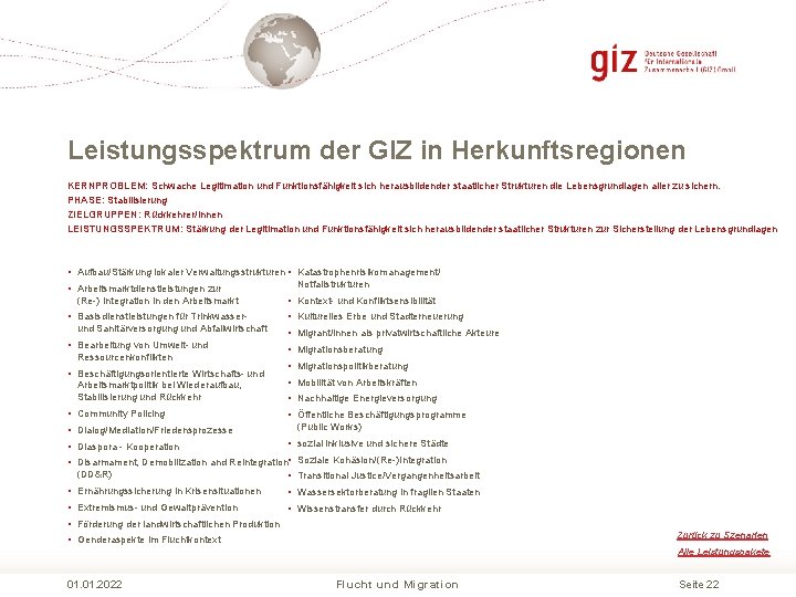 Leistungsspektrum der GIZ in Herkunftsregionen KERNPROBLEM: Schwache Legitimation und Funktionsfähigkeit sich herausbildender staatlicher Strukturen Leistungsspektrum der GIZ in Herkunftsregionen KERNPROBLEM: Schwache Legitimation und Funktionsfähigkeit sich herausbildender staatlicher Strukturen
