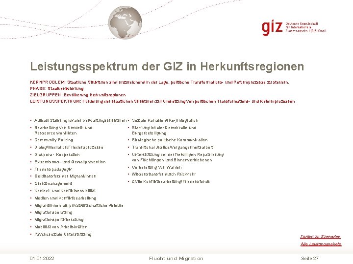 Leistungsspektrum der GIZ in Herkunftsregionen KERNPROBLEM: Staatliche Strukturen sind unzureichend in der Lage, politische