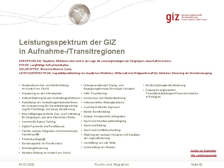 Leistungsspektrum der GIZ in Aufnahme-/Transitregionen KERNPROBLEM: Staatliche Strukturen sind nicht in der Lage die Leistungsspektrum der GIZ in Aufnahme-/Transitregionen KERNPROBLEM: Staatliche Strukturen sind nicht in der Lage die