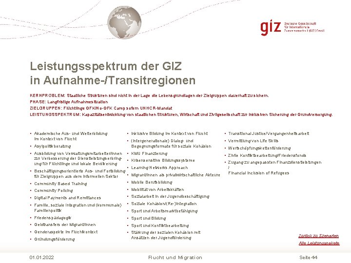 Leistungsspektrum der GIZ in Aufnahme-/Transitregionen KERNPROBLEM: Staatliche Strukturen sind nicht in der Lage die