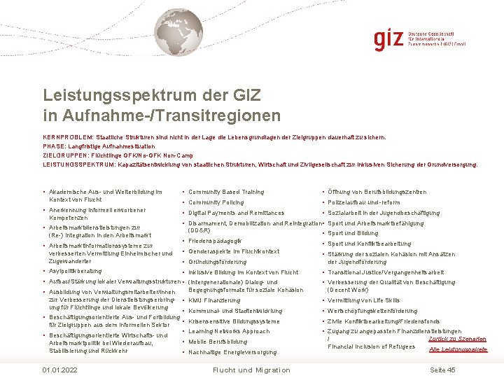 Leistungsspektrum der GIZ in Aufnahme-/Transitregionen KERNPROBLEM: Staatliche Strukturen sind nicht in der Lage die