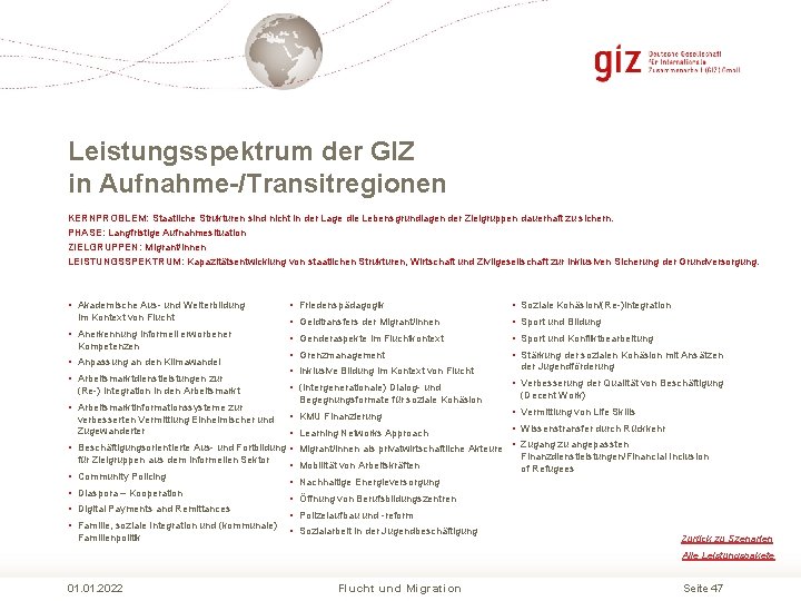 Leistungsspektrum der GIZ in Aufnahme-/Transitregionen KERNPROBLEM: Staatliche Strukturen sind nicht in der Lage die Leistungsspektrum der GIZ in Aufnahme-/Transitregionen KERNPROBLEM: Staatliche Strukturen sind nicht in der Lage die
