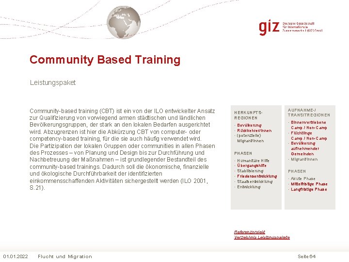 Community Based Training Leistungspaket Community based training (CBT) ist ein von der ILO entwickelter