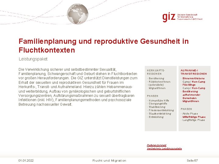 Familienplanung und reproduktive Gesundheit in Fluchtkontexten Leistungspaket Die Verwirklichung sicherer und selbstbestimmter Sexualität, Familienplanung, Familienplanung und reproduktive Gesundheit in Fluchtkontexten Leistungspaket Die Verwirklichung sicherer und selbstbestimmter Sexualität, Familienplanung,