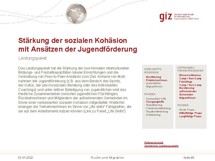 Stärkung der sozialen Kohäsion mit Ansätzen der Jugendförderung Leistungspaket Das Leistungspaket hat die Stärkung Stärkung der sozialen Kohäsion mit Ansätzen der Jugendförderung Leistungspaket Das Leistungspaket hat die Stärkung