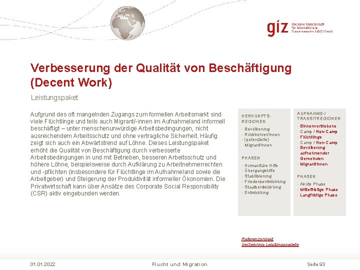 Verbesserung der Qualität von Beschäftigung (Decent Work) Leistungspaket Aufgrund des oft mangelnden Zugangs zum