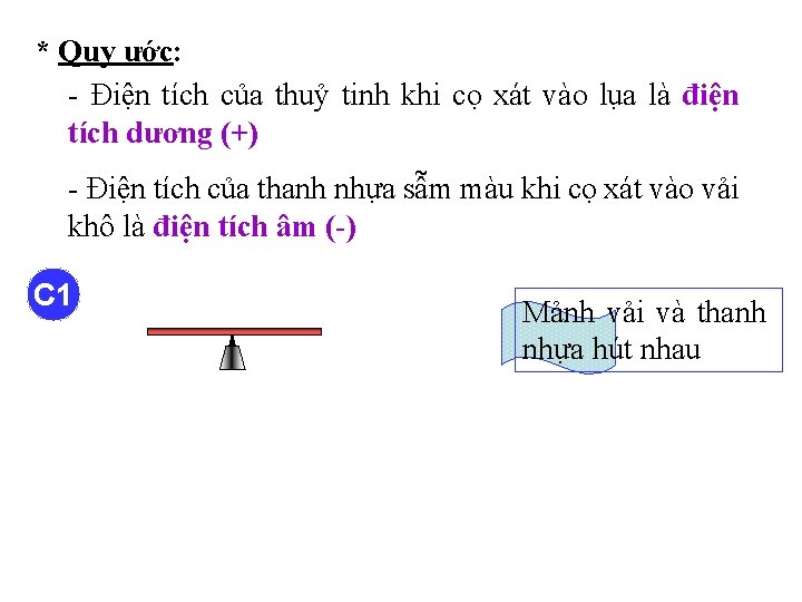 * Quy ước: - Điện tích của thuỷ tinh khi cọ xát vào lụa