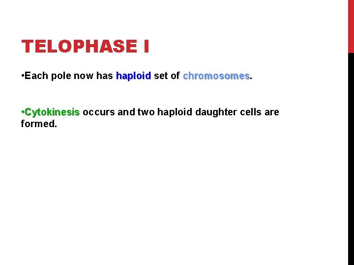 TELOPHASE I • Each pole now has haploid set of chromosomes • Cytokinesis occurs