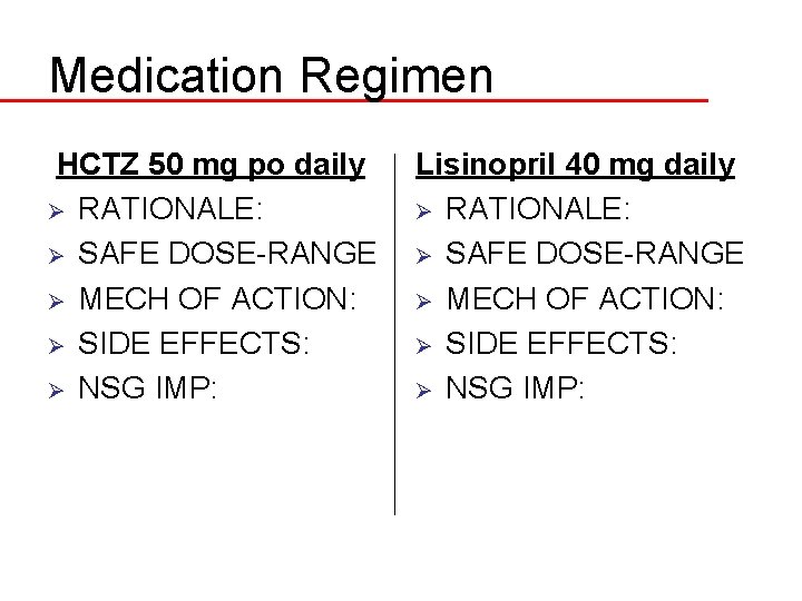 Medication Regimen HCTZ 50 mg po daily Ø RATIONALE: Ø SAFE DOSE-RANGE Ø MECH