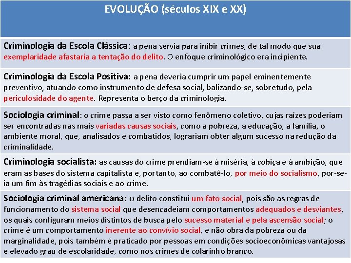 EVOLUÇÃO (séculos XIX e XX) Criminologia da Escola Clássica: a pena servia para inibir EVOLUÇÃO (séculos XIX e XX) Criminologia da Escola Clássica: a pena servia para inibir