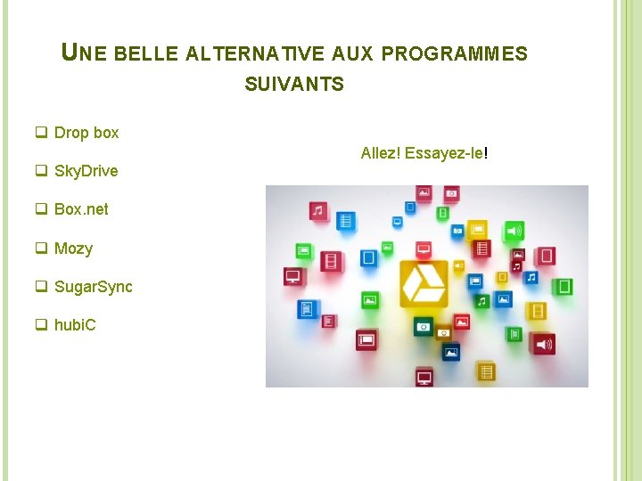 UNE BELLE ALTERNATIVE AUX PROGRAMMES SUIVANTS q Drop box Allez! Essayez-le! q Sky. Drive