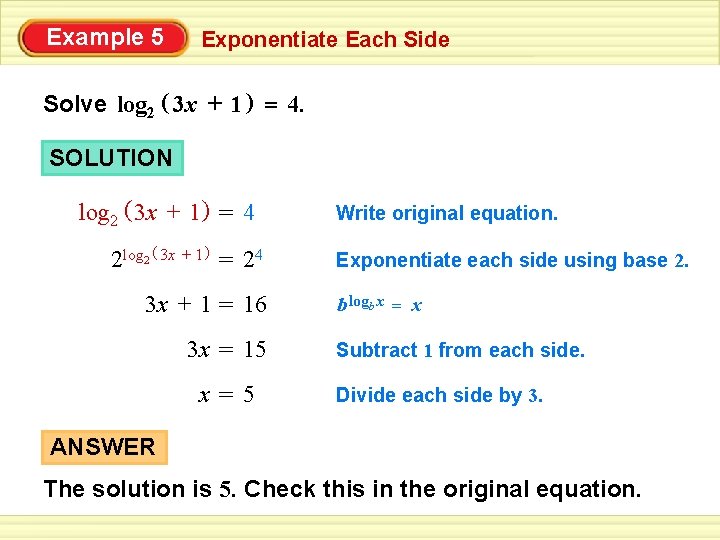 Example 5 Exponentiate Each Side Solve log 2 ( 3 x + 1 )