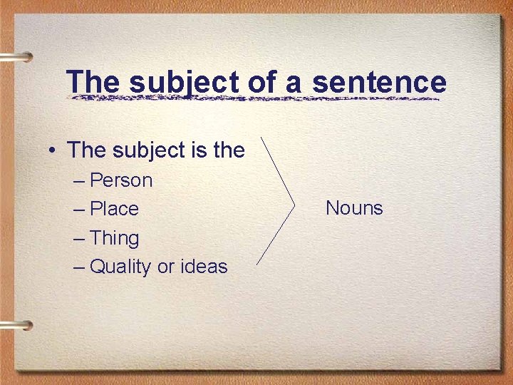 The subject of a sentence • The subject is the – Person – Place