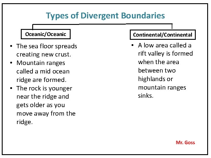 Types of Divergent Boundaries Oceanic/Oceanic • The sea floor spreads creating new crust. •