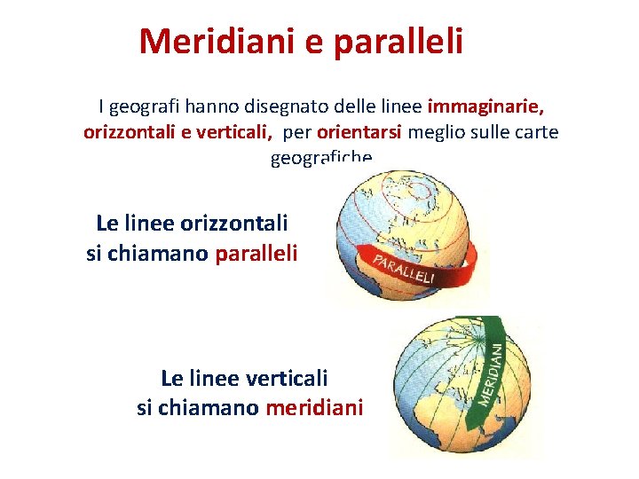 Meridiani e paralleli I geografi hanno disegnato delle linee immaginarie, orizzontali e verticali, per
