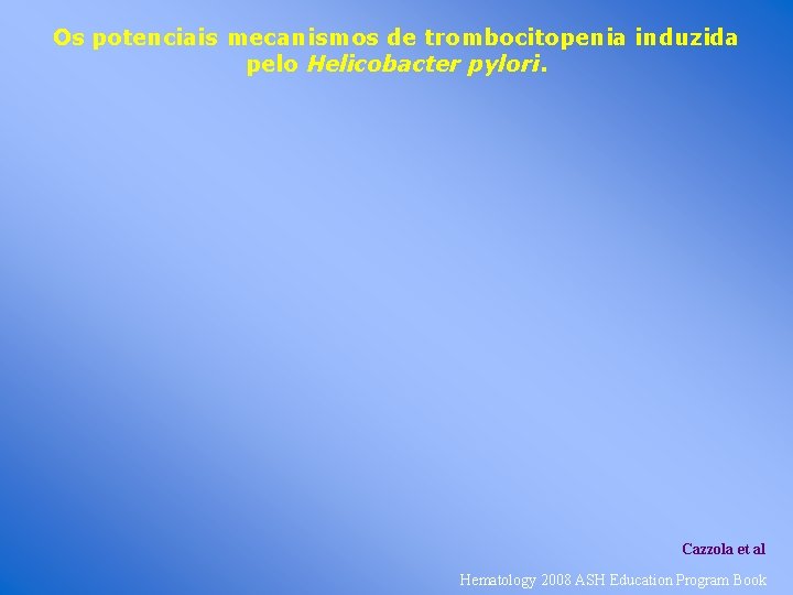 Os potenciais mecanismos de trombocitopenia induzida pelo Helicobacter pylori. Cazzola et al Hematology 2008