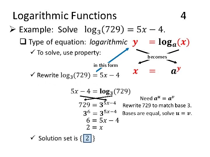 Logarithmic Functions 4 • logarithmic becomes in this form 