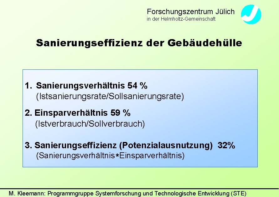 Forschungszentrum Jülich in der Helmholtz-Gemeinschaft Sanierungseffizienz der Gebäudehülle 1. Sanierungsverhältnis 54 % (Istsanierungsrate/Sollsanierungsrate) 2.