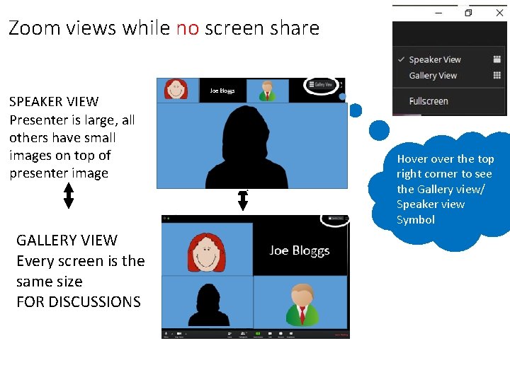 Zoom views while no screen share SPEAKER VIEW Presenter is large, all others have