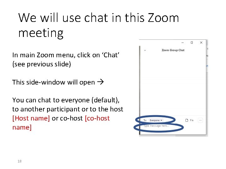 We will use chat in this Zoom meeting In main Zoom menu, click on