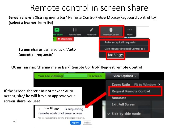 Remote control in screen share Screen sharer: Sharing menu bar/ Remote Control/ Give Mouse/Keyboard