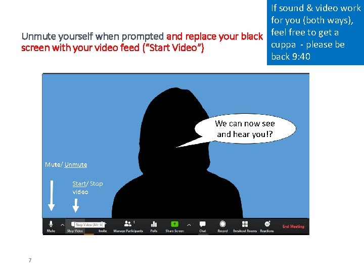If sound & video work for you (both ways), Unmute yourself when prompted and
