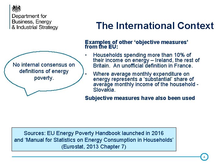 The International Context No internal consensus on definitions of energy poverty. Examples of other