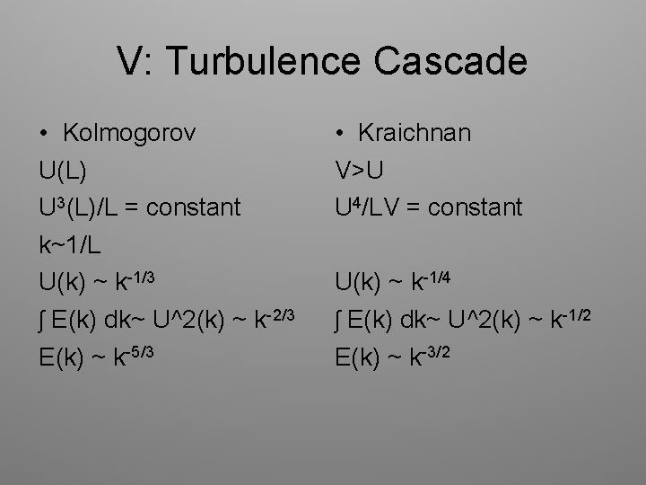 V: Turbulence Cascade • Kolmogorov U(L) U 3(L)/L = constant k~1/L U(k) ~ k-1/3