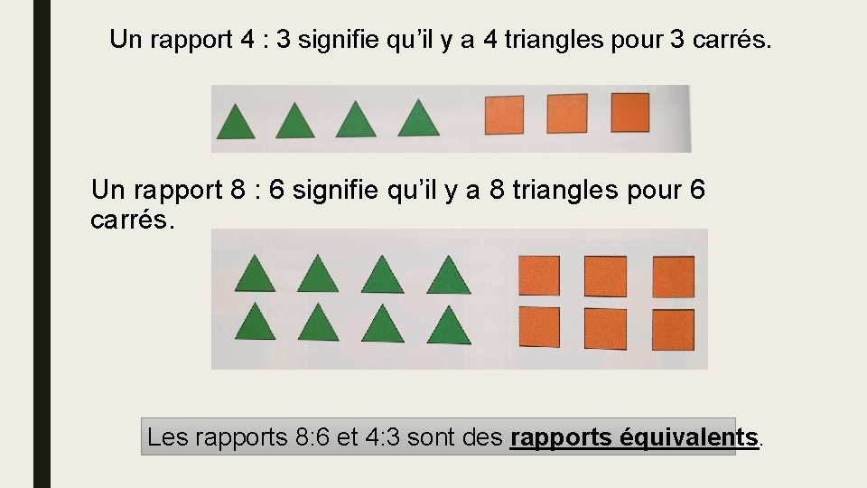 Un rapport 4 : 3 signifie qu’il y a 4 triangles pour 3 carrés.