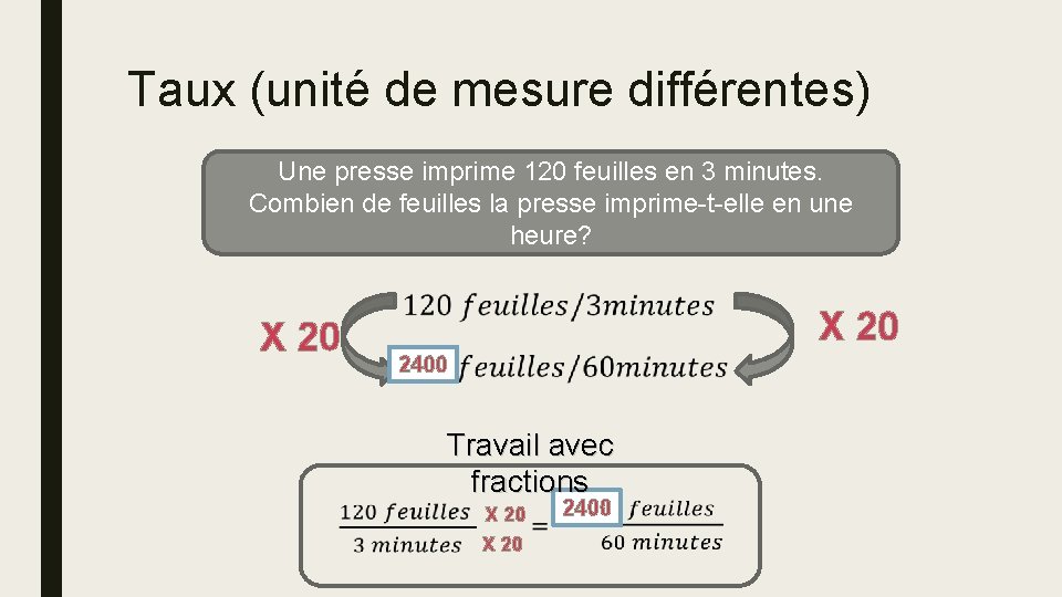 Taux (unité de mesure différentes) Une presse imprime 120 feuilles en 3 minutes. Combien