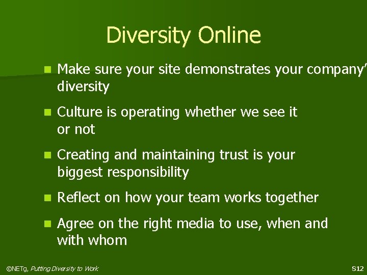 Diversity Online n Make sure your site demonstrates your company’s company’ diversity n Culture