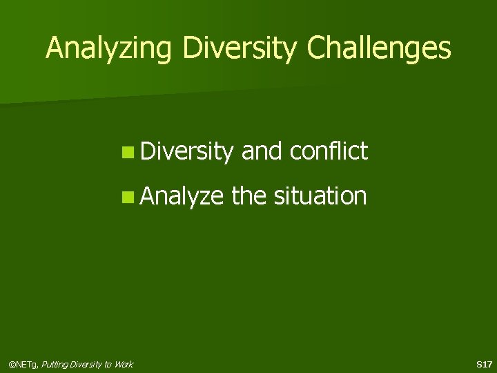 Analyzing Diversity Challenges n Diversity n Analyze ©NETg, Putting Diversity to Work and conflict