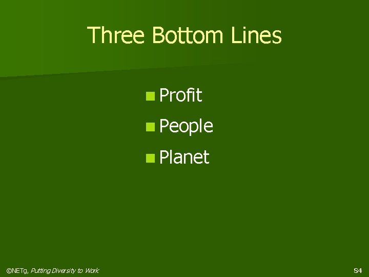 Three Bottom Lines n Profit n People n Planet ©NETg, Putting Diversity to Work