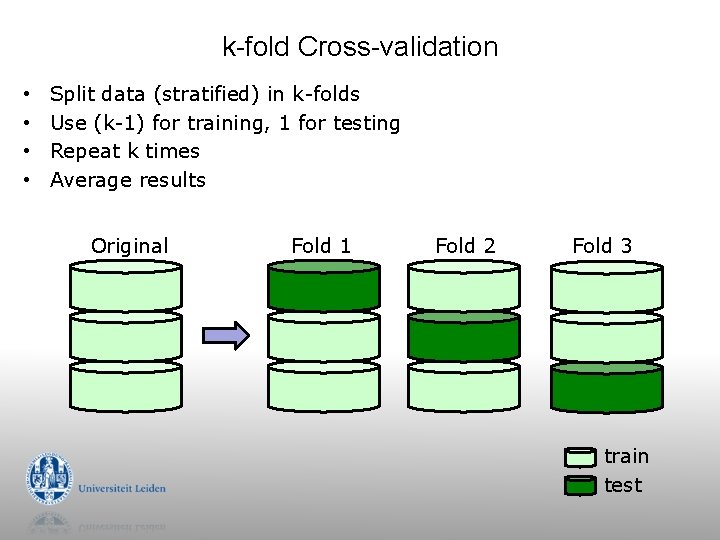k-fold Cross-validation • • Split data (stratified) in k-folds Use (k-1) for training, 1 k-fold Cross-validation • • Split data (stratified) in k-folds Use (k-1) for training, 1