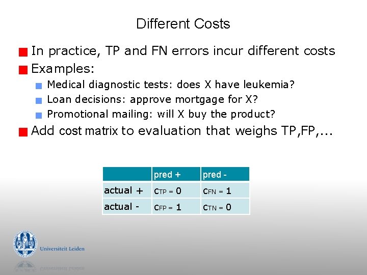 Different Costs In practice, TP and FN errors incur different costs g Examples: g Different Costs In practice, TP and FN errors incur different costs g Examples: g