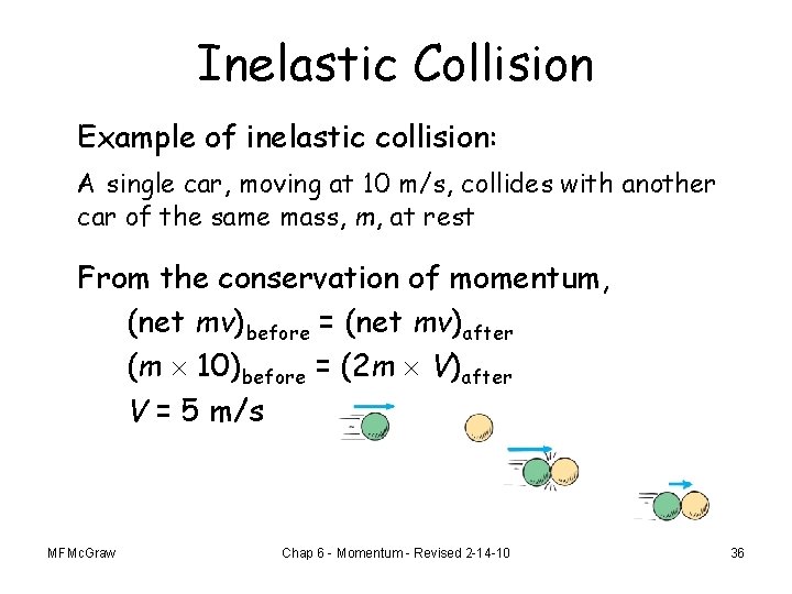 Inelastic Collision Example of inelastic collision: A single car, moving at 10 m/s, collides