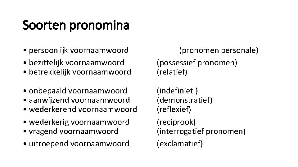 Soorten pronomina • persoonlijk voornaamwoord • bezittelijk voornaamwoord • betrekkelijk voornaamwoord (pronomen personale) (possessief