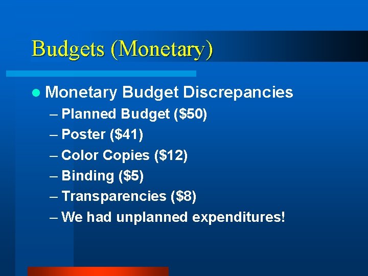 Budgets (Monetary) l Monetary Budget Discrepancies – Planned Budget ($50) – Poster ($41) –
