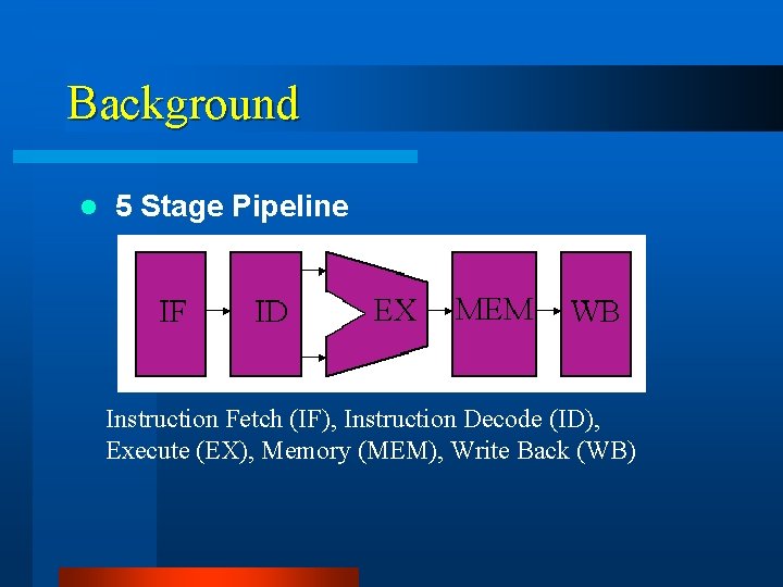 Background l 5 Stage Pipeline Instruction Fetch (IF), Instruction Decode (ID), Execute (EX), Memory