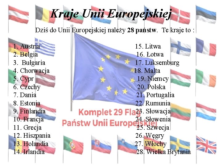 Kraje Unii Europejskiej Dziś do Unii Europejskiej należy 28 państw. Te kraje to :