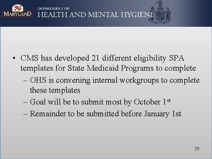  • CMS has developed 21 different eligibility SPA templates for State Medicaid Programs