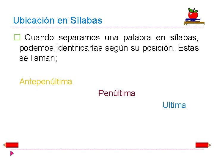 Ubicación en Sílabas � Cuando separamos una palabra en sílabas, podemos identificarlas según su