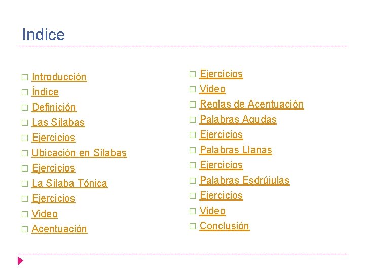 Indice Ejercicios � Video � Introducción � Índice � � Definición � Las Sílabas
