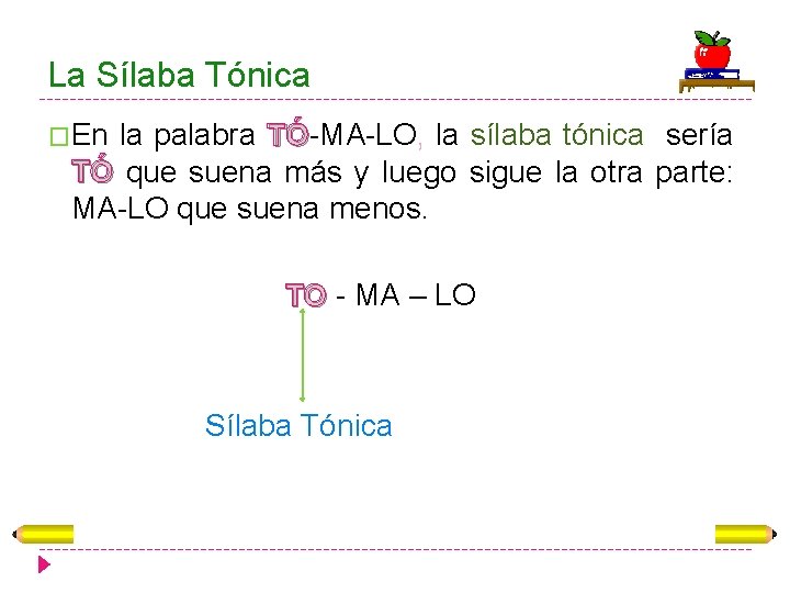 La Sílaba Tónica �En la palabra TÓ-MA-LO, la sílaba tónica sería TÓ TÓ que