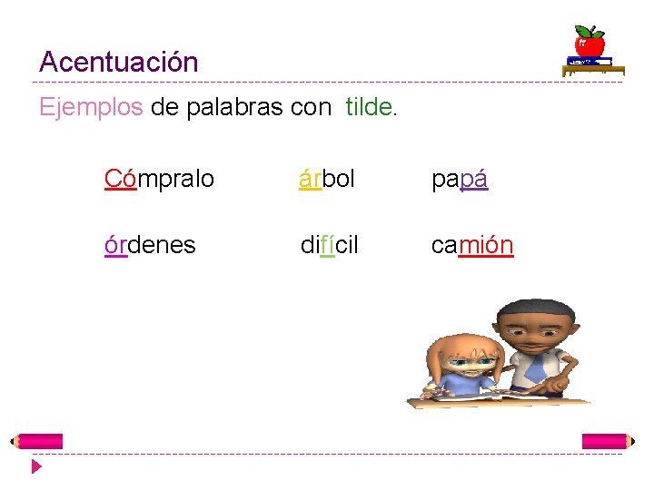 Acentuación Ejemplos de palabras con tilde. Cómpralo árbol papá órdenes difícil camión 