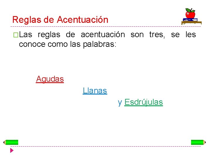 Reglas de Acentuación �Las reglas de acentuación son tres, se les conoce como las