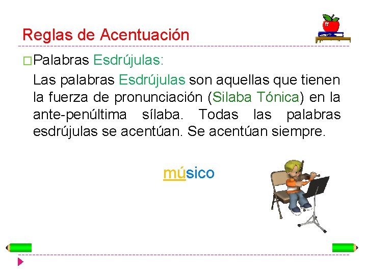 Reglas de Acentuación �Palabras Esdrújulas: Las palabras Esdrújulas son aquellas que tienen la fuerza