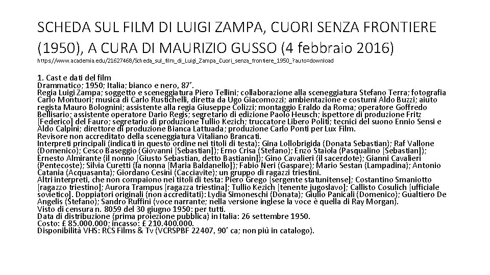 SCHEDA SUL FILM DI LUIGI ZAMPA, CUORI SENZA FRONTIERE (1950), A CURA DI MAURIZIO