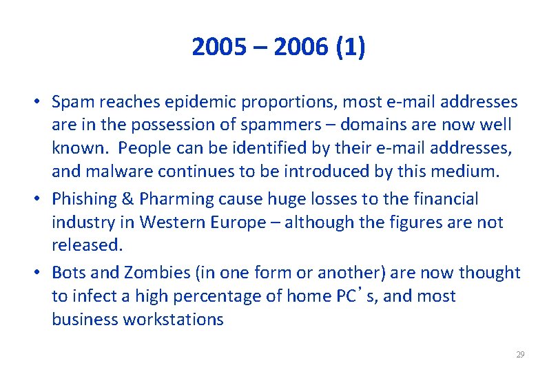 2005 – 2006 (1) • Spam reaches epidemic proportions, most e-mail addresses are in