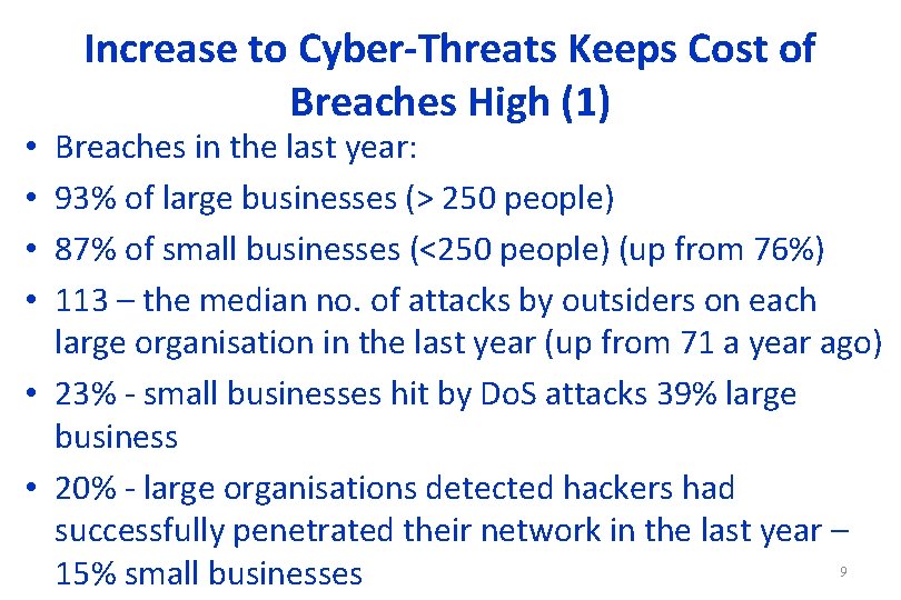 Increase to Cyber-Threats Keeps Cost of Breaches High (1) Breaches in the last year: